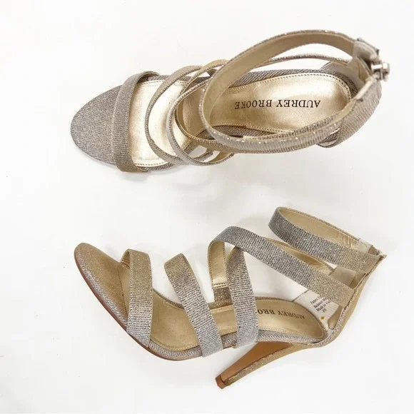Audrey Brooke Gold Metallic Sparkly AB Shanice Wide Strappy Heels Sz 8.5 - Picture 4 of 11